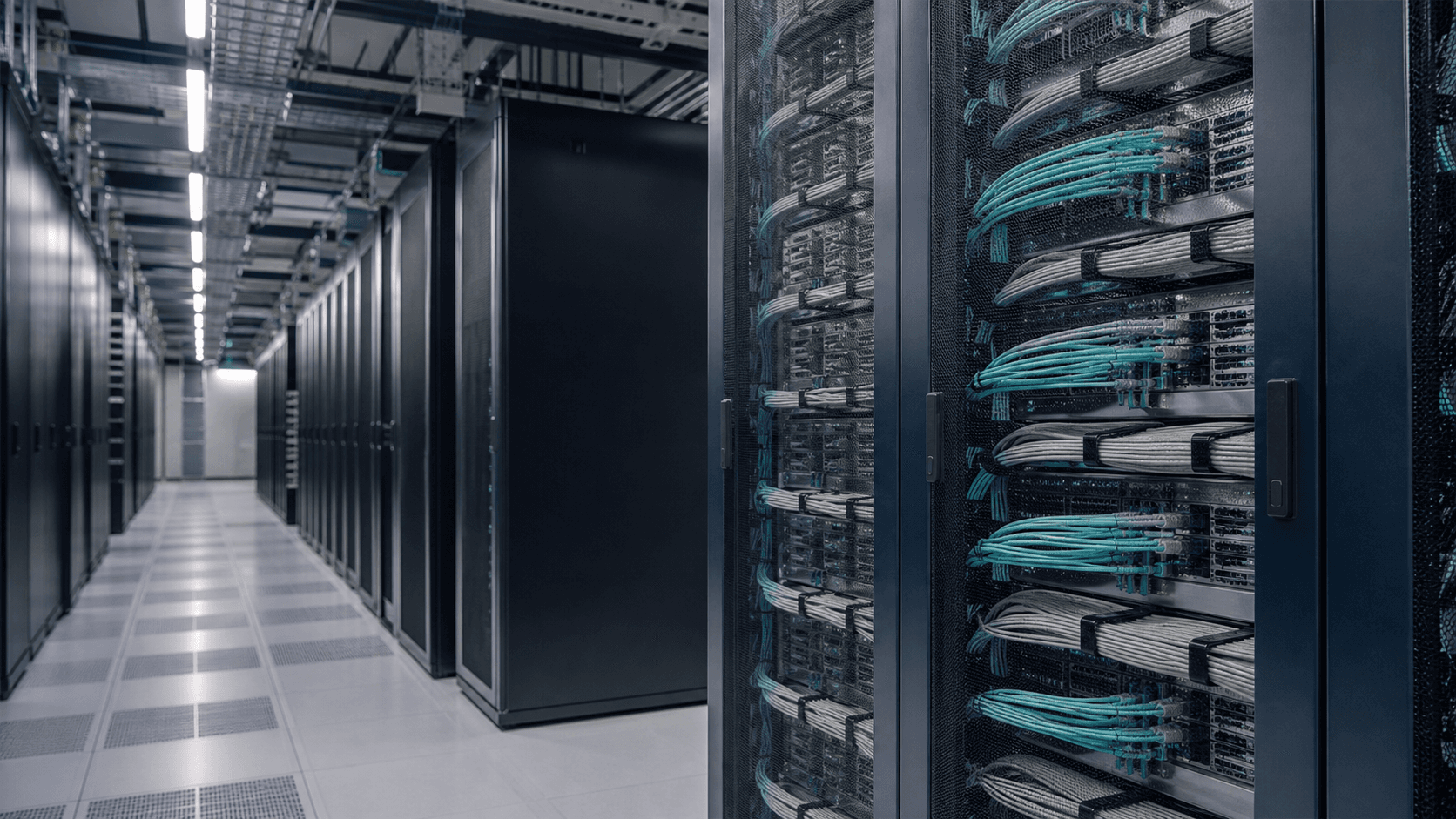 European data centre racks with high-density optical network cabling