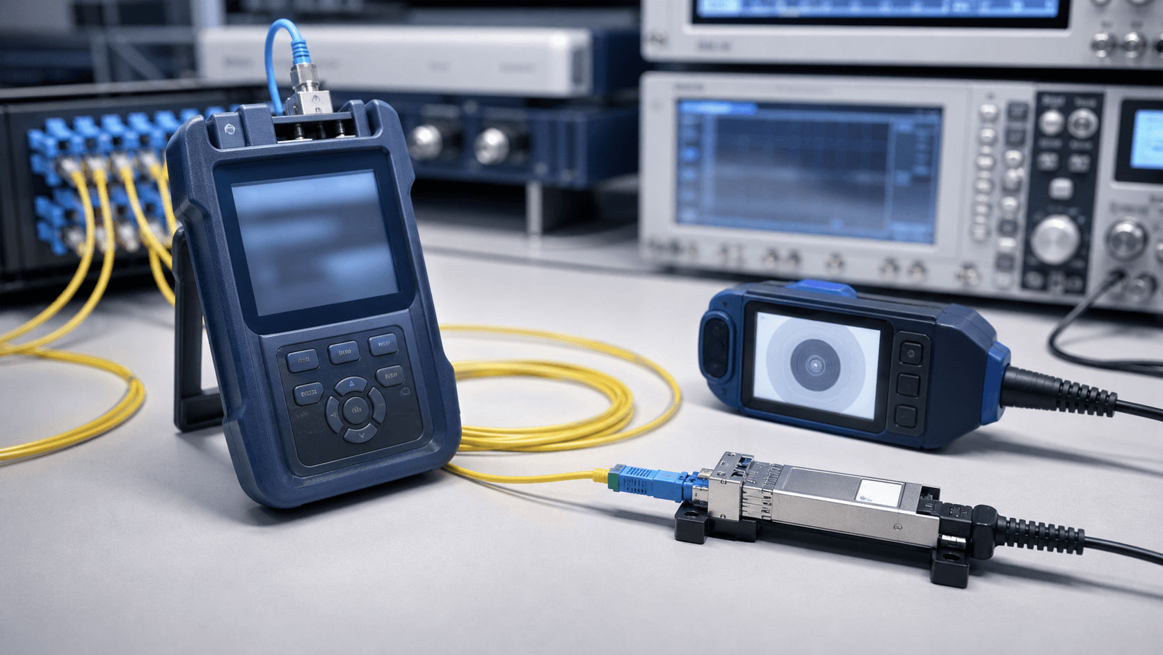 Optical network testing equipment validating a fibre link and transceiver