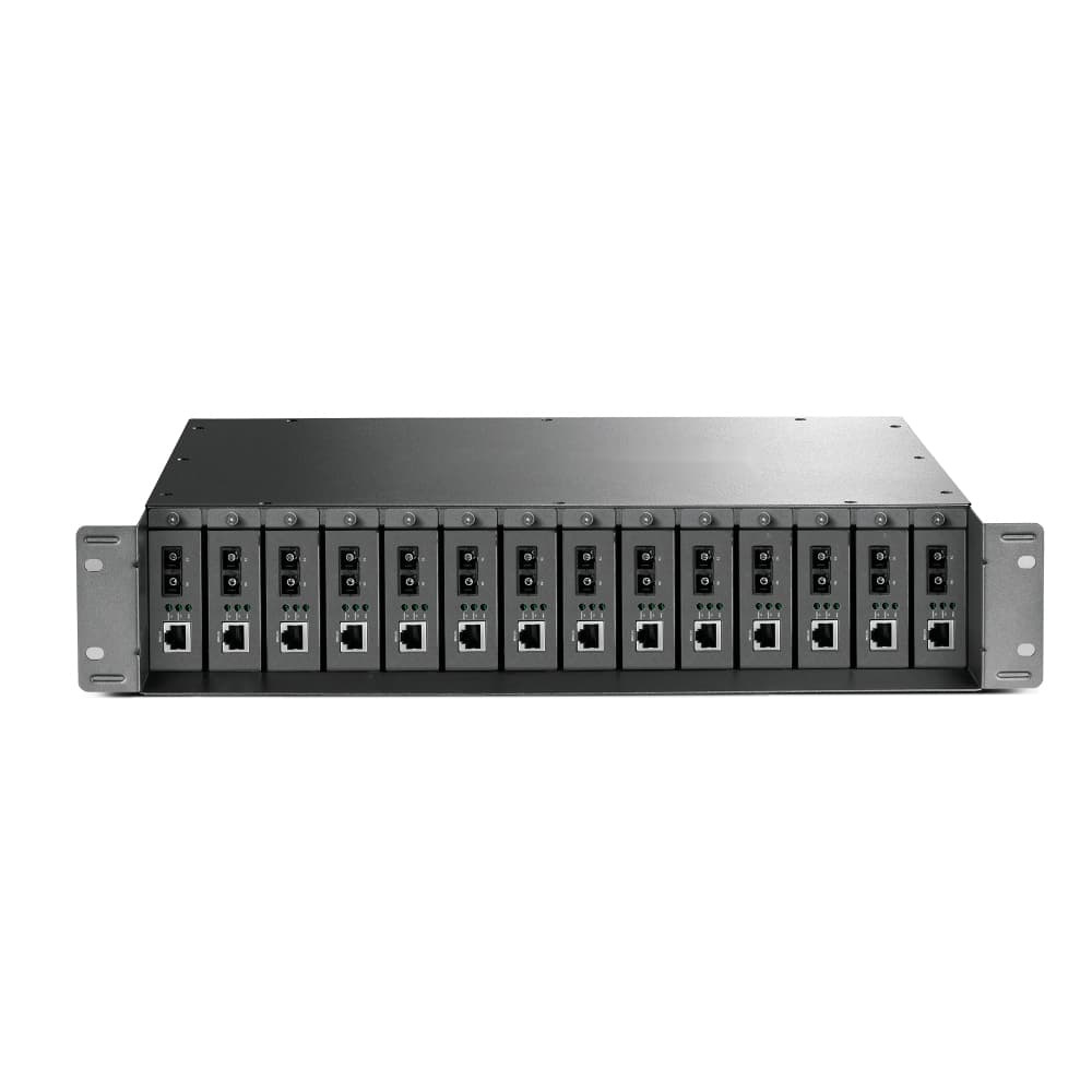 APTMC14CH — 14-slot chassis for compatible media converter cards. Match the card interface, power configuration and installation requirements before ordering.; product-family illustration