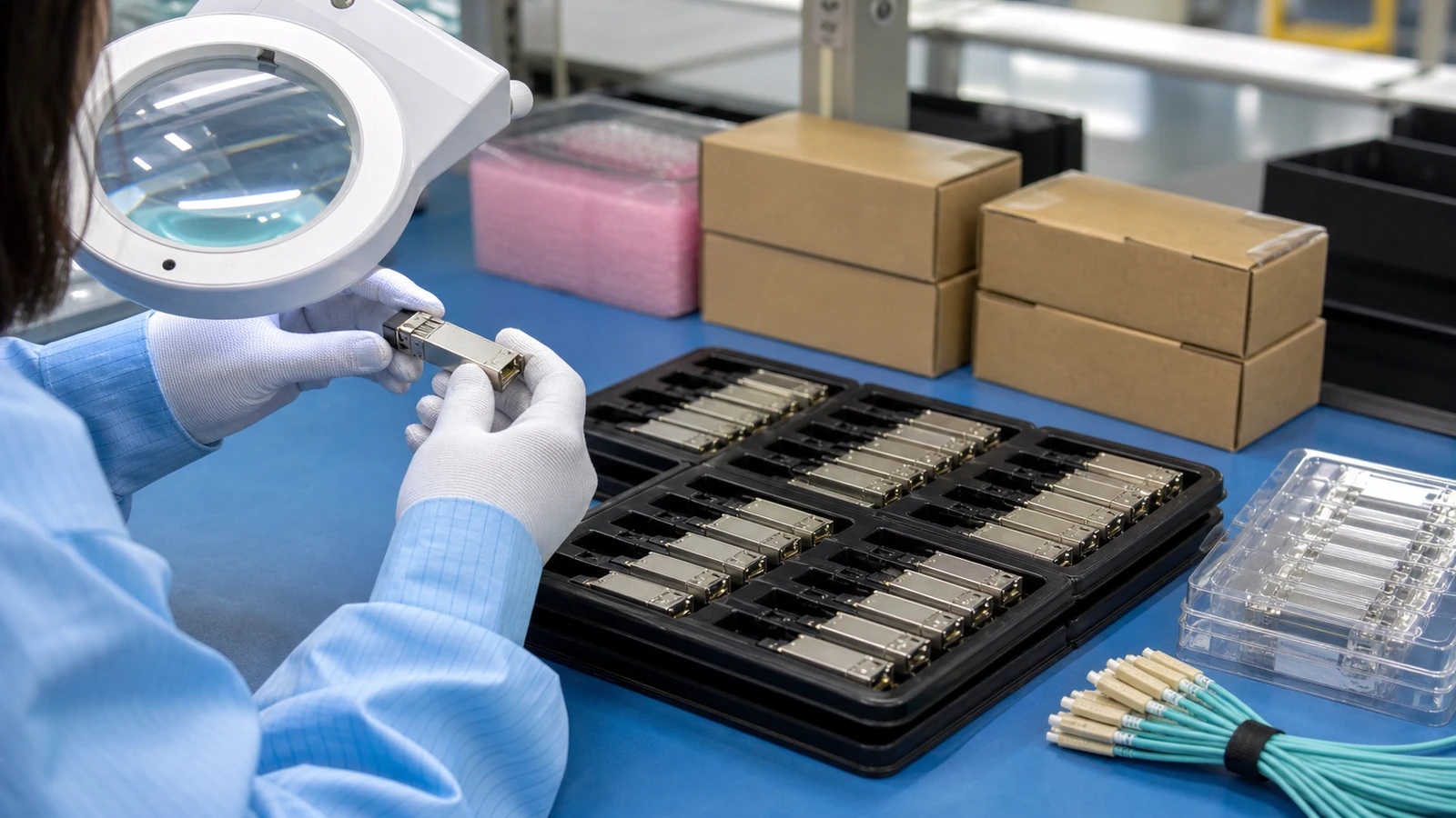 Optical transceiver undergoing visual inspection before packing