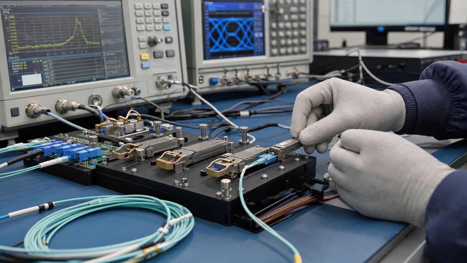 Optical module connected to measurement fixtures for performance review