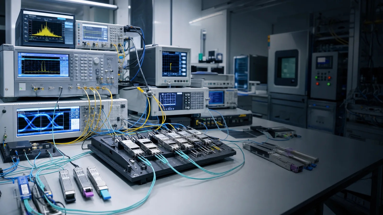 Optical transceiver test environment with measurement equipment
